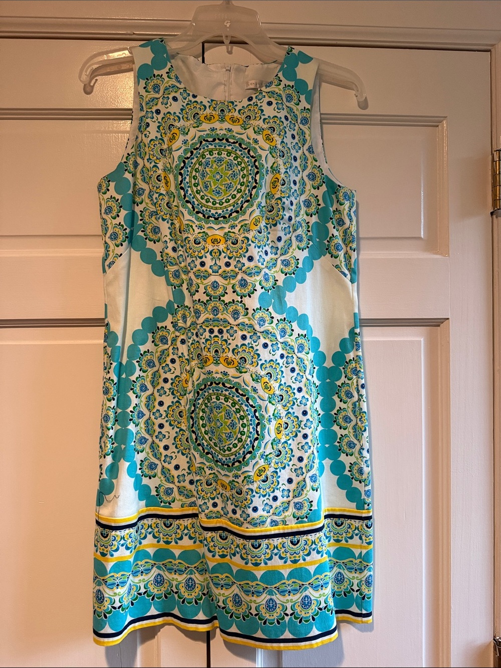 London Times Turquoise, Yellow & White Printed Shift Dress